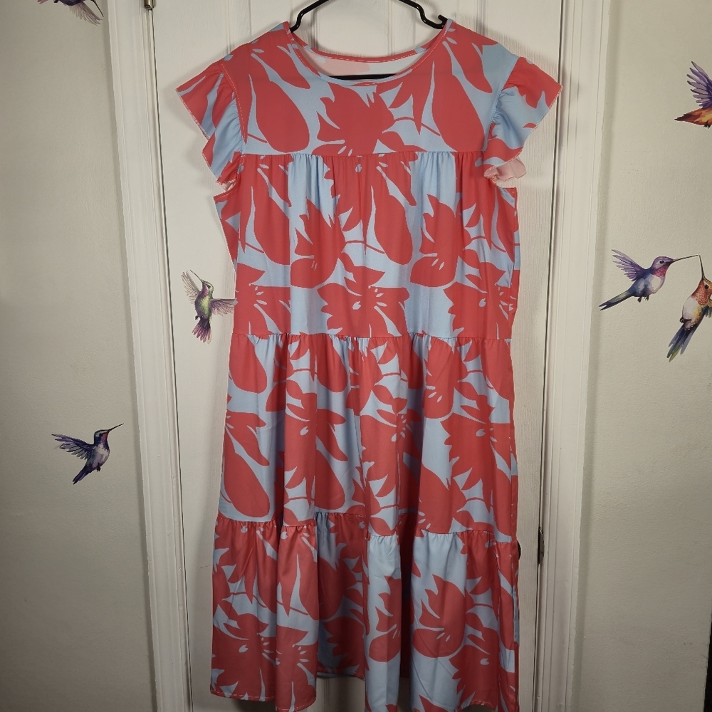 Floral Tiered Maxi Dress Coral & Blue Size M